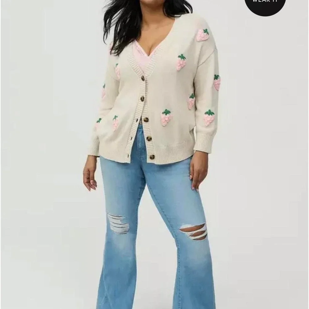 Torrid Strawberry Appliqué Cottagecore Cardigan Sweater | 100% Cotton